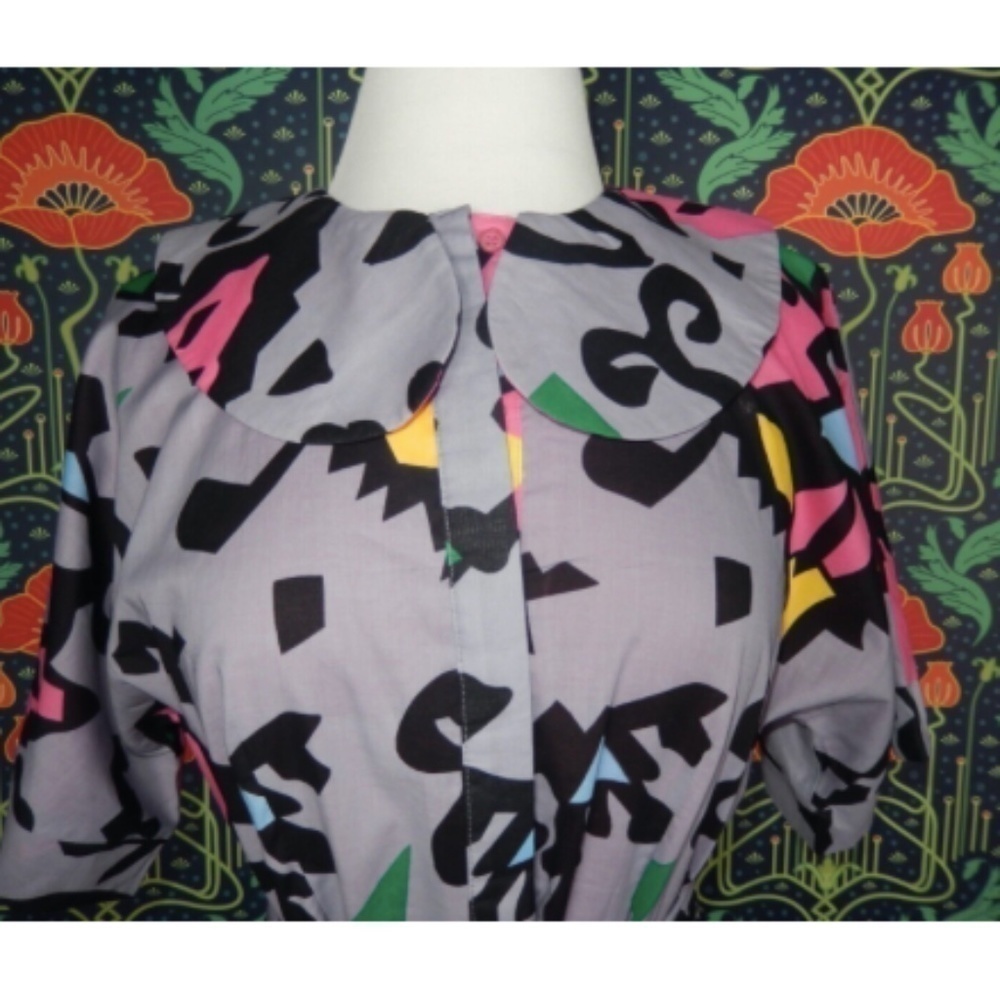 Buru Purple Pink Abstract Whimsical Print Cotton Peter Pan Collar Midi Dress - Picture 3 of 6